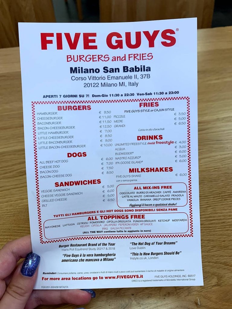 Five Guys Prezzi del menù (Italy)